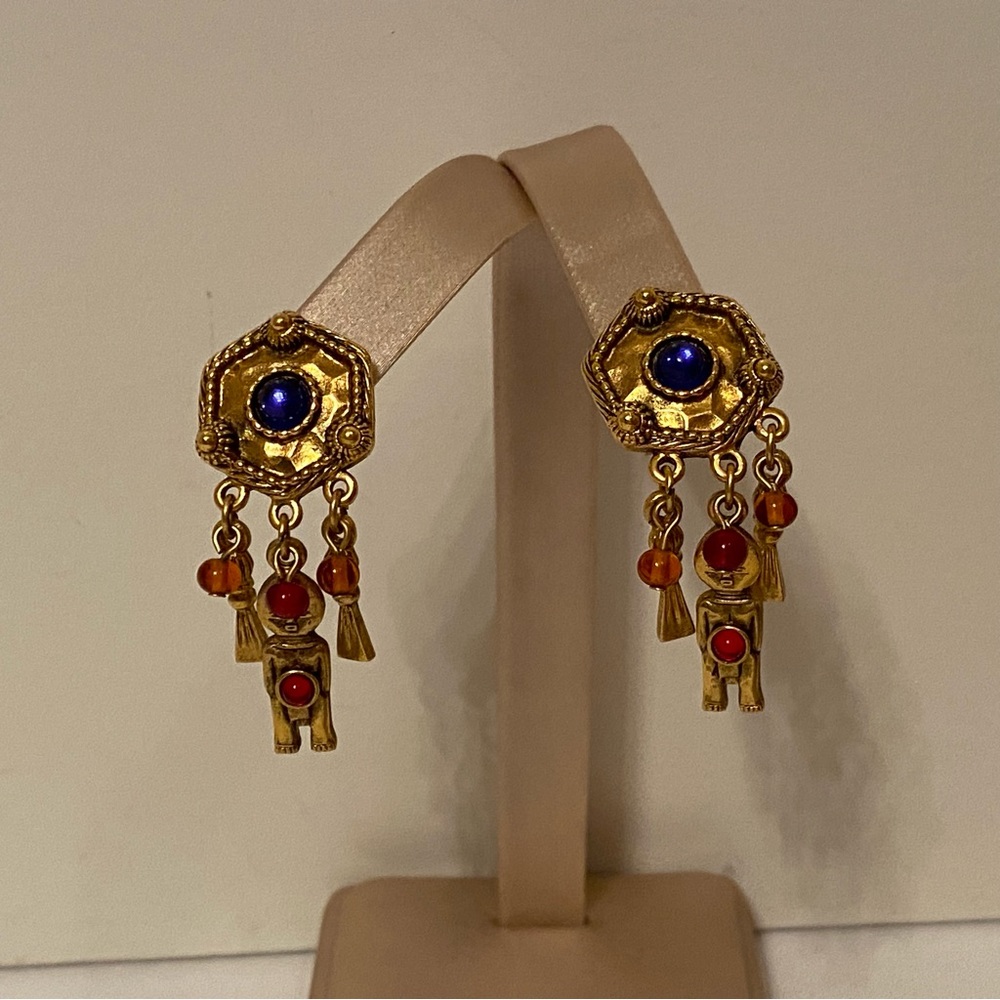 EARRINGS MULTI COLOR DANGLE DROP FIGURE GOLD TONE RED ORANGE BEADS POST